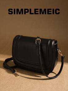 Women's Simple Solid Color Flap Saddle Bag, Ladies' Work Commute Crossbody Bag, Elegant Handbag ( Similar) - Black - View 2