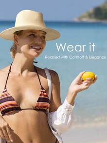 1pc Casual Vacation Beach Simple Woven Fedora Hat - Beige + Rice Ribbon - View 7