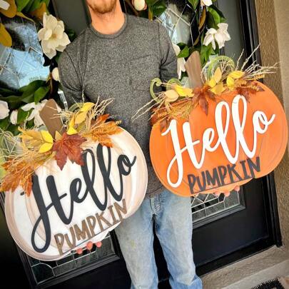 Nueva decoración de otoño Acción de Gracias de madera con calabaza, letrero de bienvenida y corona para colgar en la puerta