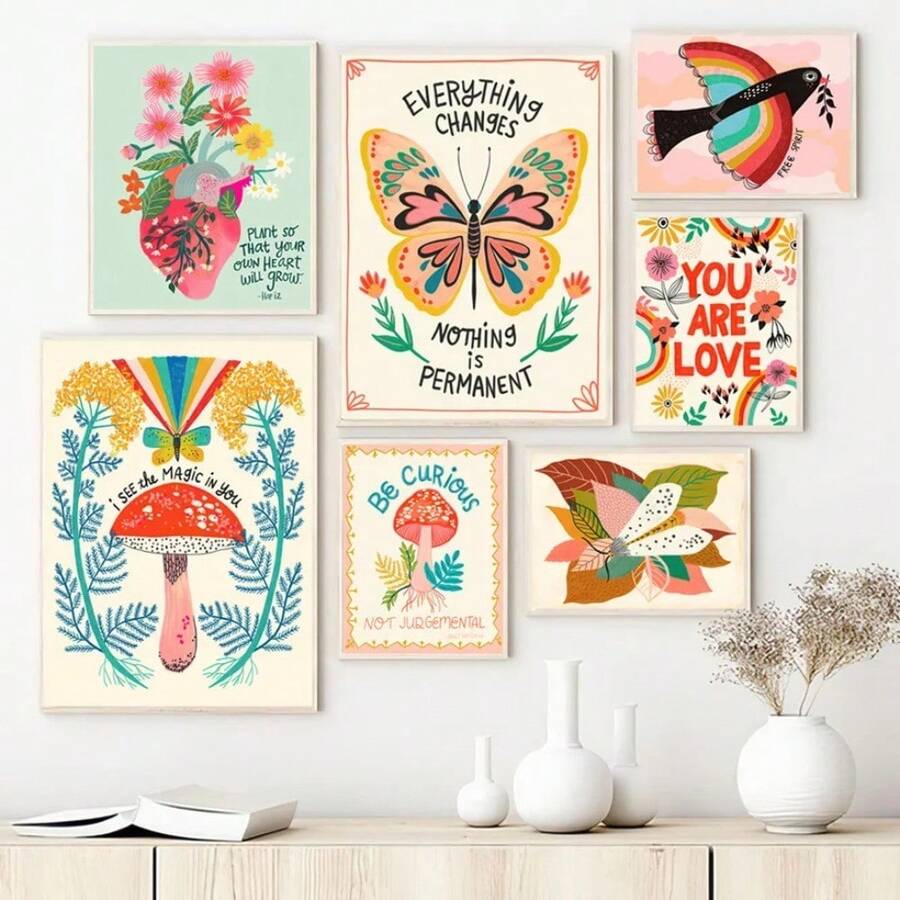 1 Stück Pilz-Schmetterling inspirierender Zitat Boho Kinderzimmer Wandkunst Leinwandbild Nordischer Poster und Drucke Wohnzimmer Dekoration, optionaler Rahmen