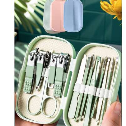 Green 14pcs Manicure Set Stainless Steel Pedicure Kit For Men Women Nail Clippers 8pcs In 1 Professional Care Tools Anti-Splash Nail Kit Including Portable Toe Nail Scissors, Eyebrow, Earpick With Black Blue Green Pink Storage Case