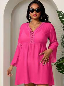 Slaydiva Plus Size Women's Holiday Solid Color Contrast Lace Bell Sleeve Loose Cover-Up Dress Summer