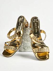 Women's Square Toe Slipper Sandals, Rhinestone Chunky Heel, Casual And Stylish, Available In Eu Sizes 35 To 42 Winter Gifts - Gold - View 2