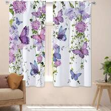 2 piezas de cortinas con estampado de mariposas moradas, paneles de cortina de lavanda floral con ojal para varilla, diseño con hojas y plantas botánicas para sala de estar y dormitorio - Multicolor - Ver 1