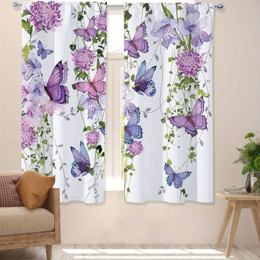 2 piezas de cortinas con estampado de mariposas moradas, paneles de cortina de lavanda floral con ojal para varilla, diseño con hojas y plantas botánicas para sala de estar y dormitorio - Multicolor - Ver 1