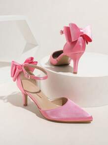 Spring & Autumn Pink Satin Bow Pointed Toe Ankle Strap High Heel Women Shoes