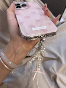 Cute Wave Point Pink Bow Pearl Pendant Phone Case Compatible With IPhone 16 15 14 13 12 11 Pro Max Jelly Cases Creative Shockproof Bumper Cover
