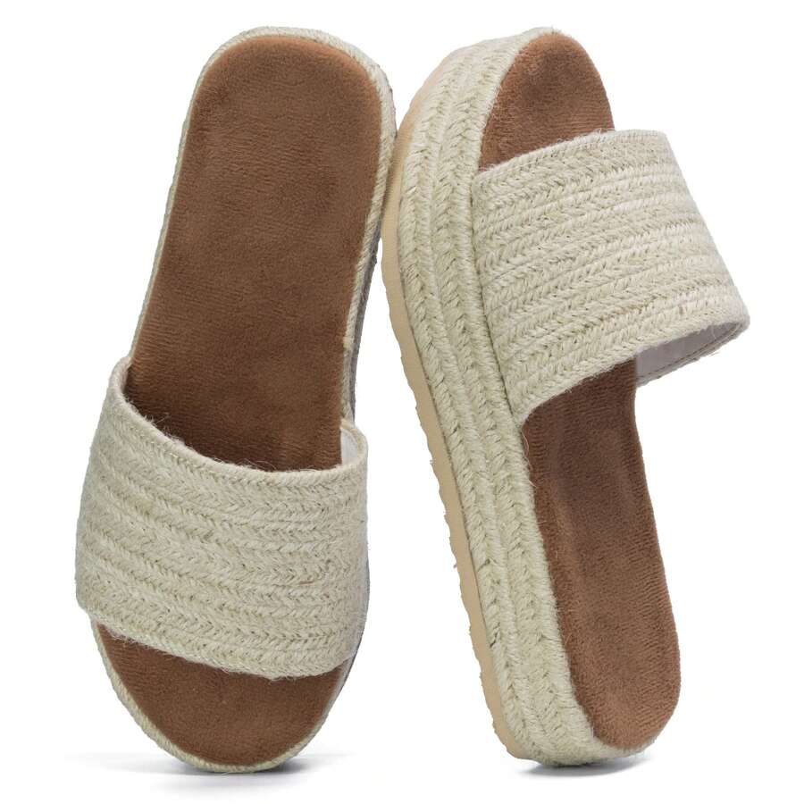 Women Sandals Summer Platform Slide Open Toe Jute Sole Comfortable Wear - 杏色 - 查看 1