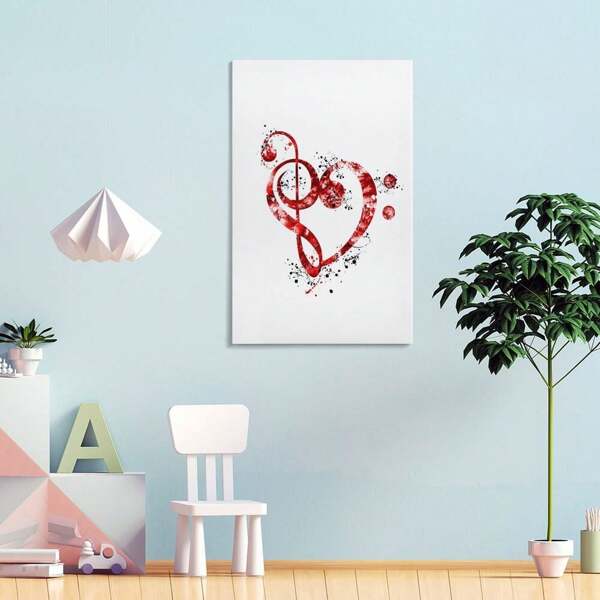 1pc Single Tone High And Low Tone Heart Shaped Watercolor Art Painting Red And Black Splash Design Music Theme Canvas Posters High Quality Picture Aesthetic Wall Arts, Modern Popular Decorative Styles, Retro Canvas Art, Creative Posters For Living Room
