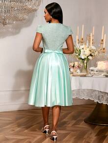 Brautjungfernkleid mit rundem Ausschnitt und Rosen-Jacquard-Muster, elegantes Partykleid mit Schleifen an den Trägern, Outfit für Date, Party, Hochzeit, Brautjungfer, Abschlussball, Hochzeitsgast Herbstmode, Schulanfang - Grün - Übersicht 7
