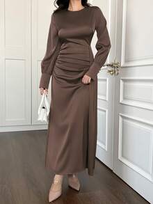 Robe de soirée élégante et simple à col rond en satin plissé, robe à manches longues pour le printemps/automne, Eid - brun - Voir 4