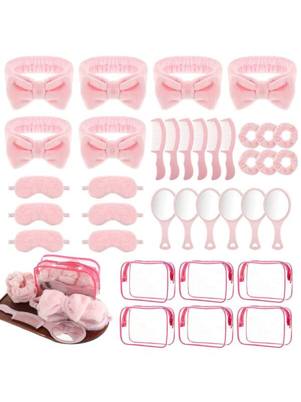 Juego de 6/12/18/36 piezas de suministros para fiestas de spa y pijamas para mujeres, que incluye: diadema de spa de color púrpura, antifaz de sueño de color púrpura, scrunchies de terciopelo de color púrpura, espejo de color púrpura, peine y bolsa de maquillaje transparente de color púrpura. Un set perfecto como regalo para fiestas de spa, pijamas, y despedidas de soltero.