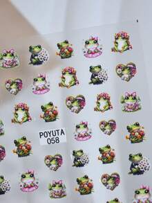 1pc Adorable Cartoon Frog Nail Art Stickers, Self-Adhesive Plastic Nail Decals, Cute Green Frog, Leaves, Red Hearts, Mushrooms, Umbrellas, Flowers Design, Cartoon Theme, Shiny Surface, Asymmetrical Shape, Suitable For Women, Single Use DIY Nail Salon Supplies - Multicolor - View 4