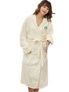 1pc Women Embroidery Solid Color Hooded Bathrobe, Soft & Comfortable Sleepwear, Home Robe With Pocket & Belt, For Bathroom, Pool, Shower, All Season - White - View 9