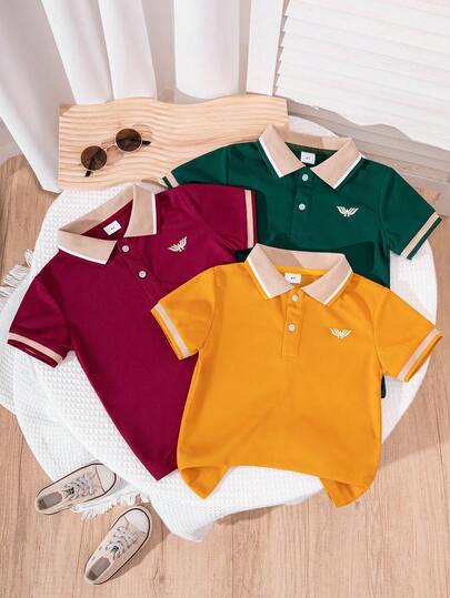 3pcs/Set Kids & Boys Fashion Casual Embroidered Colorblock Short Sleeve Polo Shirt