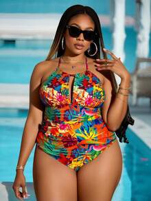 Slaydiva Plus Size Women's Tropical Plant Printed Hollow-Out Halter Tie One-Piece Swimsuit, Vacation Summer