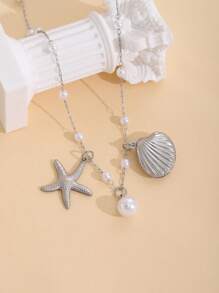 ZIRUISP 1 pieza Collar con colgante de acero inoxidable con estrella de mar y concha de perla falsa, estilo de vacaciones en la playa para mujeres