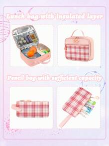 3-Piece Set: Bowknot Girl Backpack, Lunch Box Bag, Pencil Case, Polyester Plaid Pattern, Multi-Pocket, Large Capacity, Student School Backpack With 3 Detachable Badges, Back To School Essentials, Suitable For School And Travel