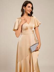 EVERPRETTY High-Low Ruffles Satin Midi Champagne Wedding Guest Bridesmaid Dress Suitable For Weddings, Birthdays, Dinner,Party