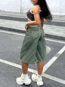 Pantalones vaqueros de mujer de tiro alto y pierna ancha con ajuste holgado, con bolsillos bordados con mariposas