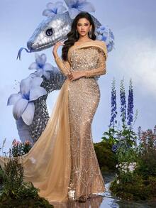Champagne Sequin Beaded Long Sleeve Fitted Evening Gown, Suitable For Formal Dinners, Galas, Cocktail Parties (Highly Decorative) Wedding Spring Party - Champagne - View 5