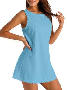 Women Casual Tank Dress Sleeveless Mock Neck Back Zipper Linen Summer Dress Scallop Halter Dress Sundress Beachwear - Màu xanh nhạt - Xem 3