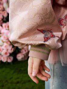 ASK JUNIOR 女童粉色可爱网眼拼布连衣裙，背面饰有水钻蝴蝶结，配有开衫 - 粉色 - 查看 9