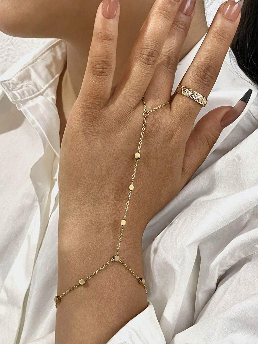 1 件优雅方块手链波西米亚风可调节手指手链女士不锈钢链生日日常派对珠宝礼物