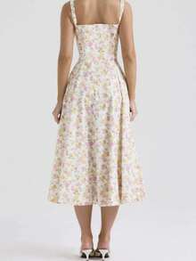 Women Floral Print Square Neck Midi Dress Adjustable Lace-Up Bust Strappy Shoulders Side Zipper Casual Dress - 杏色花香 - 查看 4
