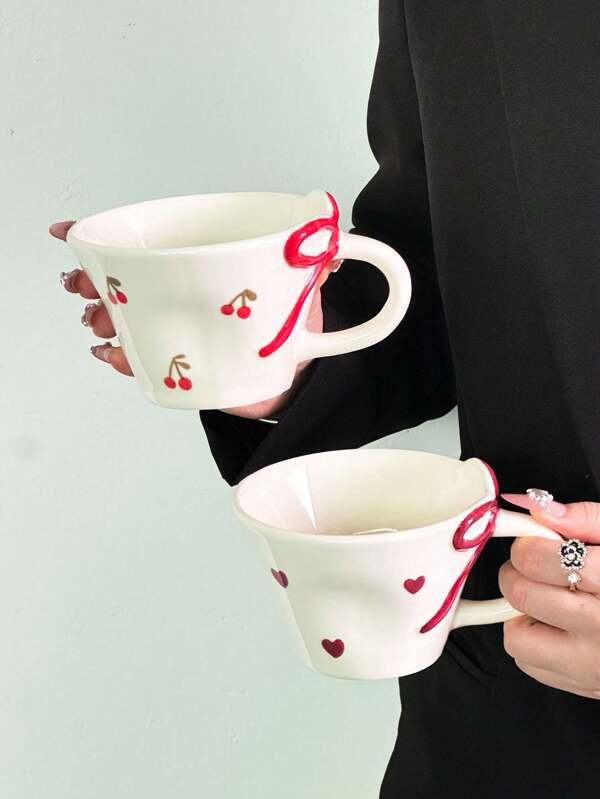 1pc Ceramic Heart & Cherry Pattern Coffee Cup & Saucer Set, Cute Korean Style Mug For Women, Hand-Painted Love & Bow Design Cup, High-Quality Afternoon Tea Cup, Gift, Arabic Coffee