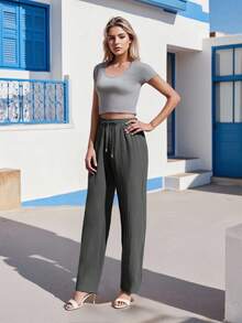 Womens Casual Cotton Linen High Waist Pants Drawstring Loose Fit Summer Pants Trousers With Side Pockets Plus Size - Grey - View 4