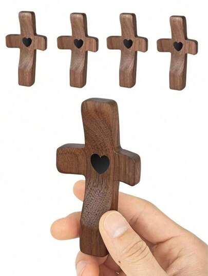 10 / 5 / 3 piezas Broche de cruz de madera de estilo religioso de nogal negro, cruz de pulgar de estilo de dibujo de madera de nogal negro de 5 cm, pieza de manija sólida de madera para aliviar el estrés, llavero, adorno, cruz de palma de nogal artesanal, decoración tridimensional, decoraciones navideñas, regalos navideños, decoración navideña