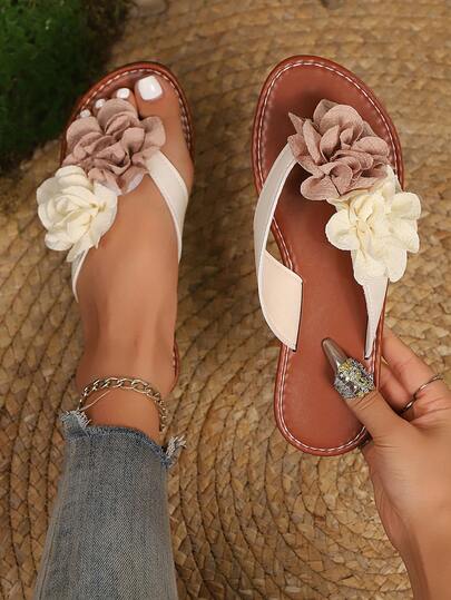 Girl's New Floral Print Fairy Slippers, Fashion Versatile Non-Slip Beach French Casual Sandals, Suitable For Vacation, Bohemian Style Flat Sandals