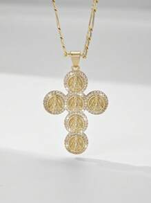 1 pieza Collar colgante con cruz de Jesús de 14K color oro, estilo europeo y americano, hipoalergénico, con relieve en capas e incrustación de cobre y circonita, adecuado como regalo para madres, San Valentín, parejas, amigos, cristianos, para uso diario, festivales y oración