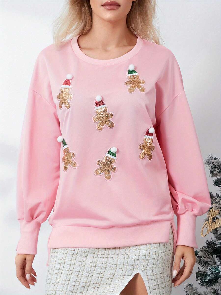 Women's Cute Santa Christmas Sweatshirts Funny Graphic Lightweight Sequin Long Sleeve Pullover Hoodies - Baby Pink - View 1