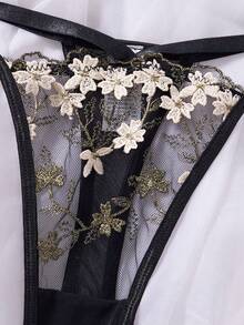 女士亲肤刺绣花卉性感成熟内衣套装 - 黑色 - 查看 4