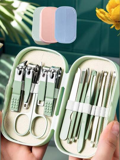 Green 14pcs Manicure Set Stainless Steel Pedicure Kit For Men Women Nail Clippers 8pcs In 1 Professional Care Tools Anti-Splash Nail Kit Including Portable Toe Nail Scissors, Eyebrow, Earpick With Black Blue Green Pink Storage Case