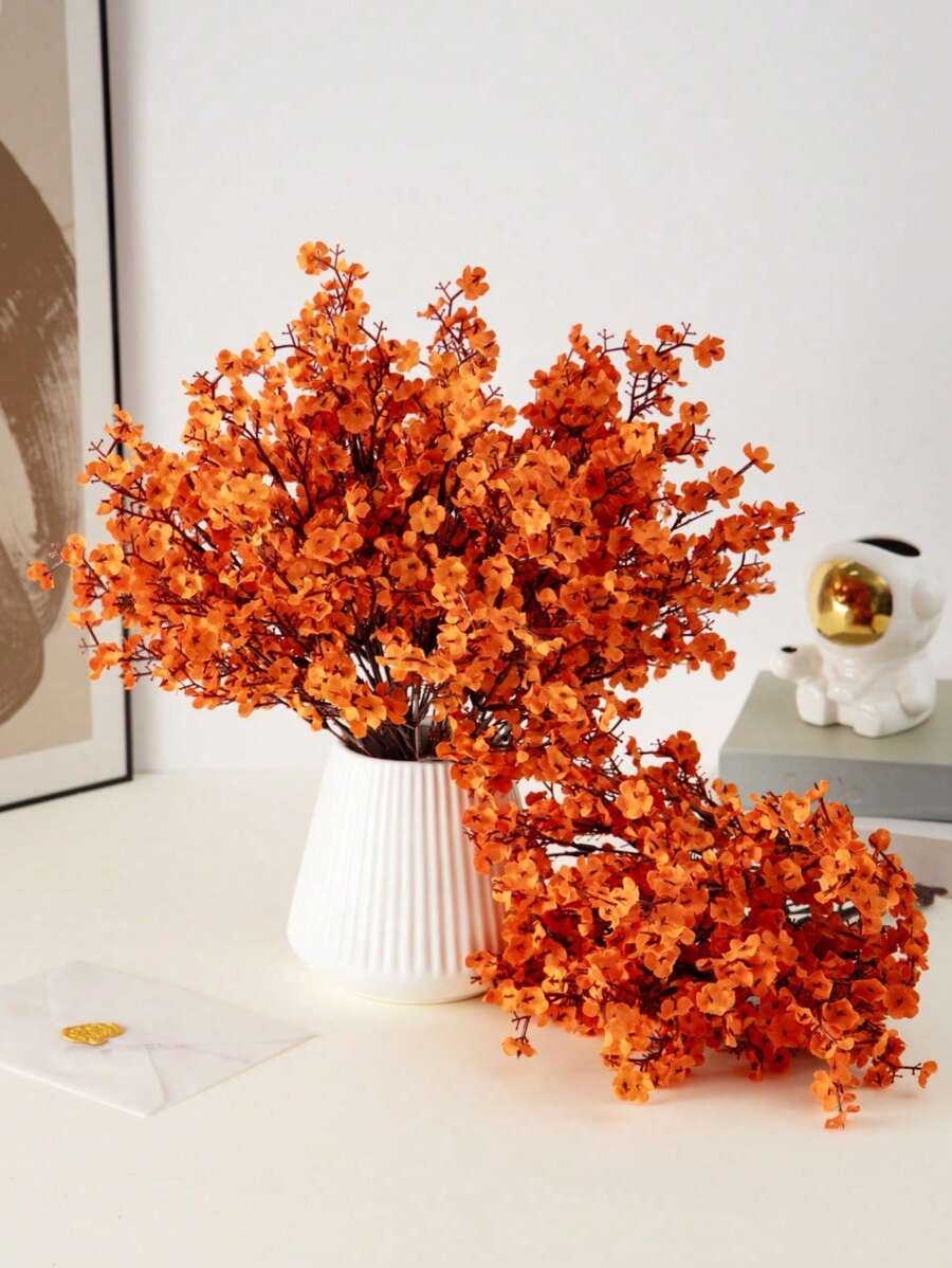 1pc Orange Artificial Baby's Breath And Star Flower Bouquet, Silk Satin Flower Arrangement For Halloween, Weddings, Parties, Home DIY Decoration