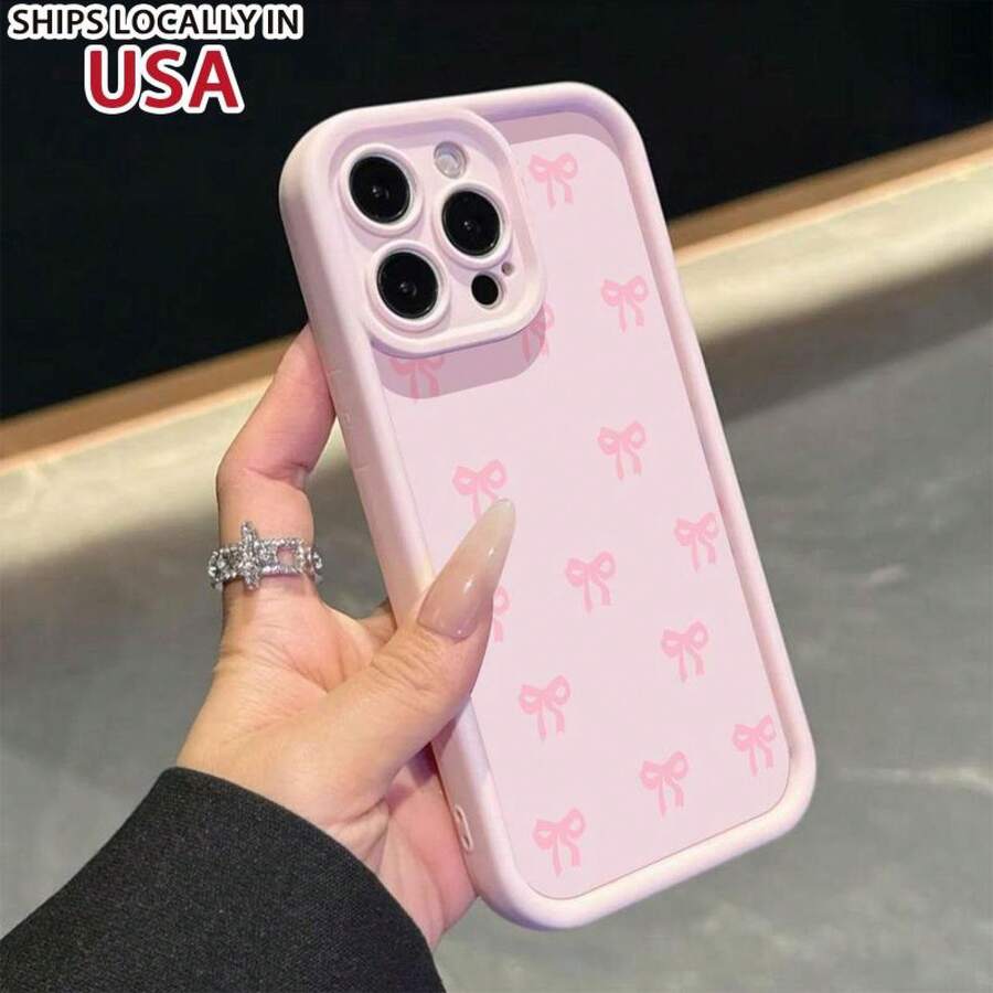 Bow Pattern Design Phone Case, Cute Phone Protective Cover, Phone Accessory Compatible With IPhone 11 12 13 14 15 16 Pro Max - 粉色 - 查看 1
