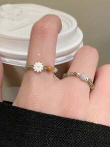 2 Pares de Anéis Elásticos com Contas de Pedra Natural e Flor de Margarida, Adequados para Uso Diário, Férias e Presentes para Mulheres