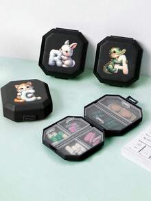 1 pieza Caja portátil de píldoras con serie de letras y animales de dibujos animados, caja de almacenamiento de cápsulas de 6 compartimentos, caja de medicina de viaje, mini caja de píldoras, organizador de píldoras de 6 rejillas, caja de medicina de viaje a prueba de humedad, contenedor de píldoras y vitaminas, botiquín de primeros auxilios, accesorio de viaje, artículo esencial para dormitorio (excluyendo Q/U/X) - Negro - Ver 6