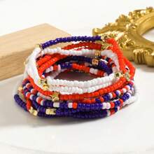 14pcs Handmade Elastic Beaded Bohemian Style Bracelets Set, Fashionable Independent Day USA Flag Color Beads Charm Bracelets, Suitable For Holiday Party And Daily Wear