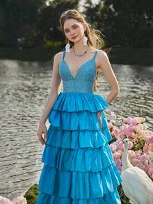 Faeriesty Elegante vestido de noche con escote en V profundo y espalda cruzada - Falda de satén con volantes en capas, finos tirantes de espagueti y adornos brillantes para galas, banquetes de boda, bailes de graduación