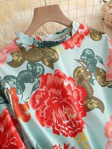 1pc Women's Floral Print Round Neck 3/4 Sleeve Double Layer Ruffle Waist Tie Short Dress, Bohemian Dress, Hawaiian Style, Graduation Party, Concert
