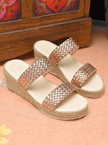 Women's Thick-Soled Straw Rope Summer Beach Holiday Slip-On Wedge Sandals, Stylish And Fashion