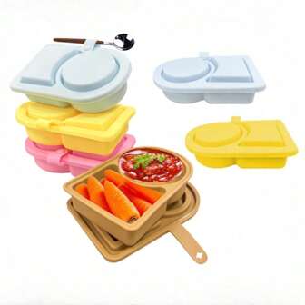 Caja de aperitivos de silicona con 2 compartimentos y tapa, recipiente reutilizable a prueba de fugas para salsas, aderezos y condimentos, diseño portátil para aperitivos, picnics y viajes