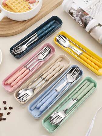 3pcs/Set Stainless Steel Portable Cutlery Set,Stainless Steel Piece Cutlery Set, Reusable Cutlery, Suitable For Picnic Camping Family Travelling Work Outdoor, Suitable For Kitchen, Restaurant, Students, Travel, Camping, Office,Holiday Gift