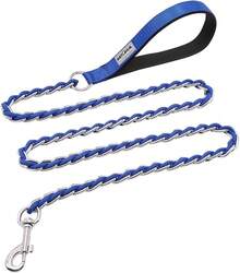 Dog Leash Chew Proof, Chain Leash Anti Chew Dog Leash For Large Dogs Heavy Duty, Indestructible Metal Leash Anti Bite Chain Link With Woven Cord Soft Padded Handle (Orange, 5FT) - Blue - View 1
