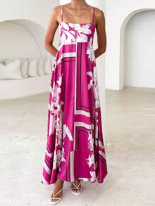 Women Y2K Maxi Dress Smocked Spaghetti Strap Sleeveless Long Flowy Dress Boho Backless Aline Long Dress Summer Casual Beach Sun Dress - Màu Hồng Tươi - Xem 4
