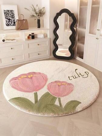 1 st tulpanblommig rund plyschmatta, dekorativ matta för vardagsrum, sovrum, heminredning, bekväm och lätt att rengöra